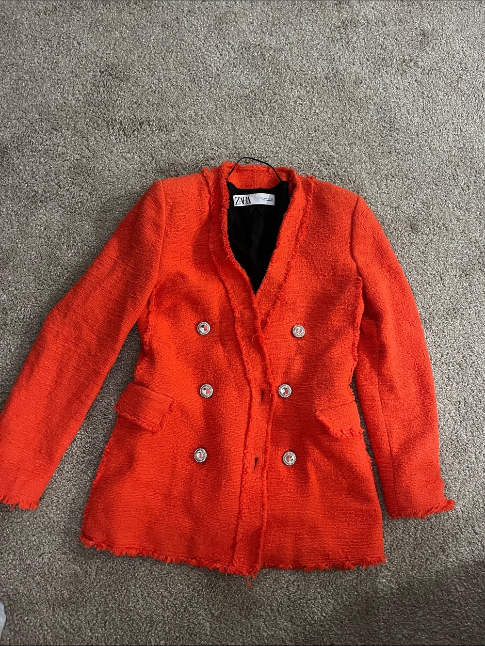 Zara Double-Breasted Bouclé Blazer in Vibrant Orange